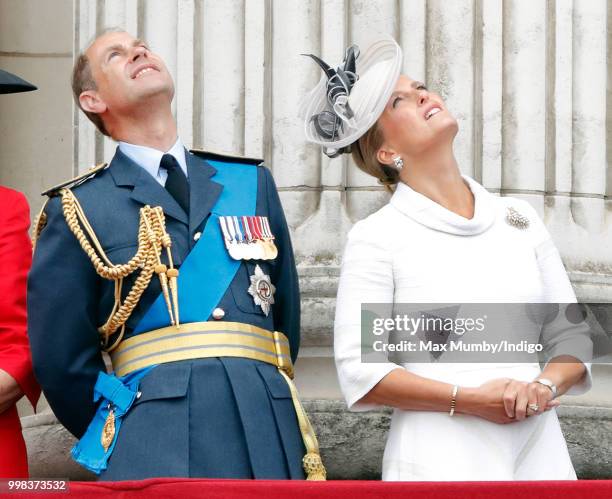 Prince Edward, Earl of Wessex and Sophie, Countess of Wessex watch a flypast to mark the centenary of the Royal Air Force from the balcony of...