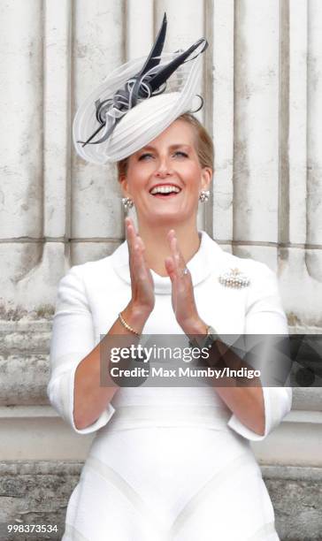 Sophie, Countess of Wessex watches a flypast to mark the centenary of the Royal Air Force from the balcony of Buckingham Palace on July 10, 2018 in...