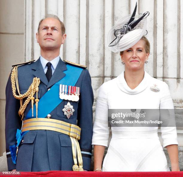 Prince Edward, Earl of Wessex and Sophie, Countess of Wessex watch a flypast to mark the centenary of the Royal Air Force from the balcony of...