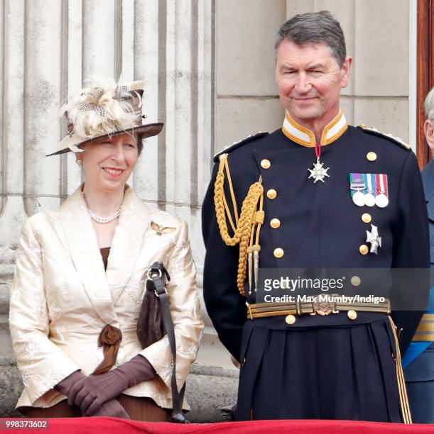 Princess Anne, Princess Royal and Vice Admiral Sir Tim Laurence watch a flypast to mark the centenary of the Royal Air Force from the balcony of...
