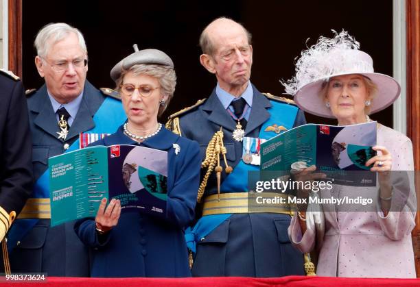 Prince Richard, Duke of Gloucester, Birgitte, Duchess of Gloucester, Prince Edward, Duke of Kent and Princess Alexandra watch a flypast to mark the...