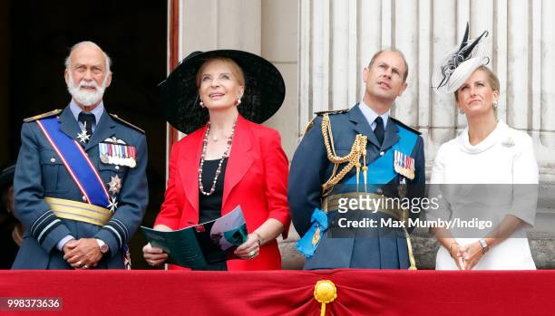 Prince Michael of Kent, Princess Michael of Kent, Prince Edward, Earl of Wessex and Sophie, Countess of Wessex watch a flypast to mark the centenary...