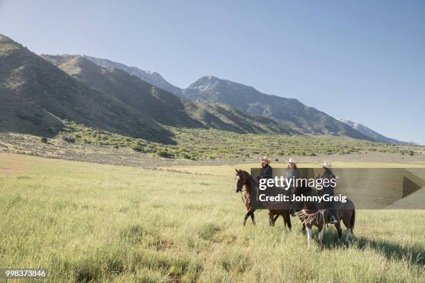 drei cowgirls reiten auf dem pferd in utah, usa - johnny greig stock-fotos und bilder