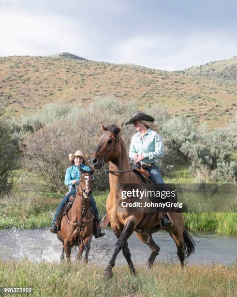 vaqueras a caballo en utah estados unidos - johnny greig fotografías e imágenes de stock