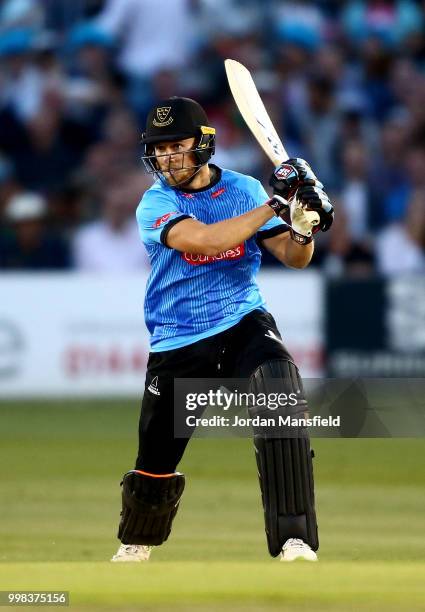 Philip Salt of Sussex bats during the Vitality Blast match between Sussex Sharks and Surrey at The 1st Central County Ground on July 13, 2018 in...