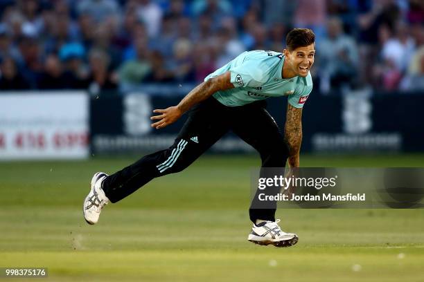 Jade Dernbach of Surrey bowls during the Vitality Blast match between Sussex Sharks and Surrey at The 1st Central County Ground on July 13, 2018 in...