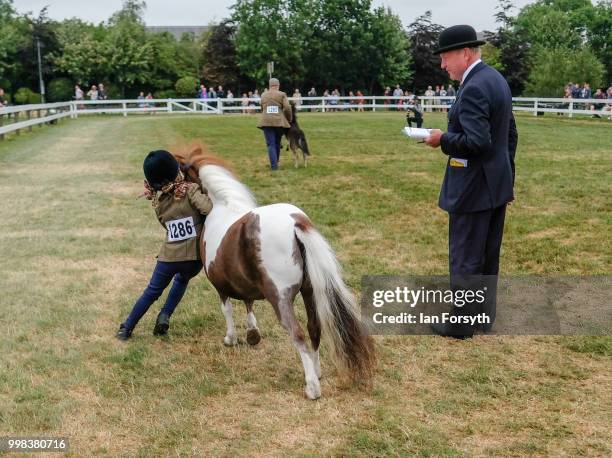 Alex Kersey from Rotherham shows her miniature Shetland pony during the final day of the 160th Great Yorkshire Show on July 12, 2018 in Harrogate,...