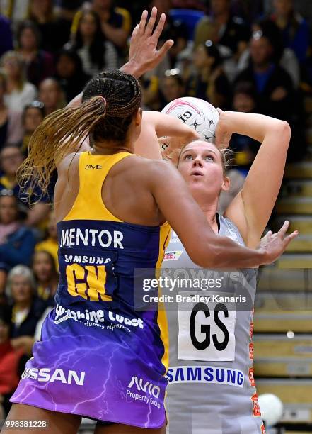 Caitlin Thwaites of the Magpies shoots during the round 11 Super Netball match between the Lightning and the Magpies at University of the Sunshine...
