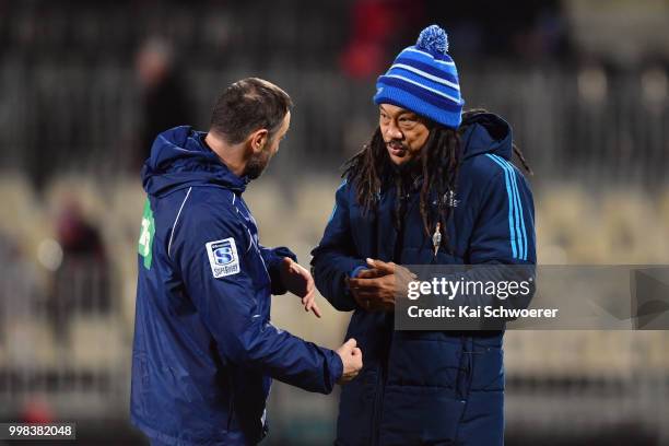 Head Coach Tana Umaga of the Blues reacts prior to the round 19 Super Rugby match between the Crusaders and the Blues at AMI Stadium on July 14, 2018...