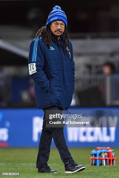 Head Coach Tana Umaga of the Blues looks on prior to the round 19 Super Rugby match between the Crusaders and the Blues at AMI Stadium on July 14,...