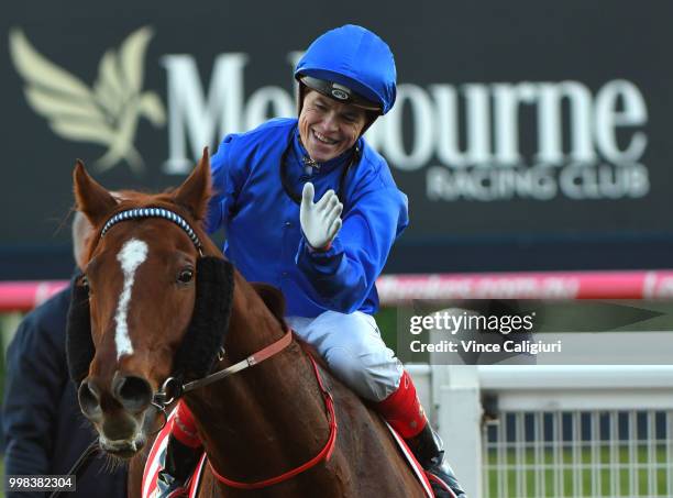 Craig Williams riding Malaise after winning Race 9, during Melbourne Racing at Caulfield Racecourse on July 14, 2018 in Melbourne, Australia.