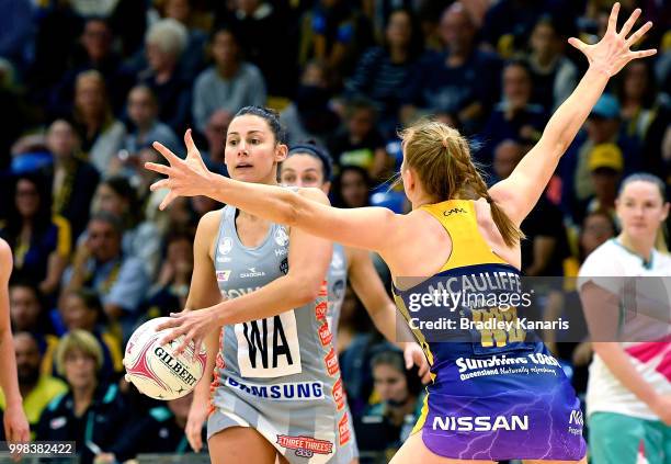 Madi Robinson of the Magpies looks to pass during the round 11 Super Netball match between the Lightning and the Magpies at University of the...