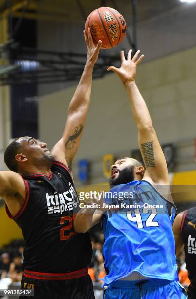 Kyle Austin of the Kimchi Express blocks a shot by Cameron Forte of Dubois Dream during the game at Eagle's Nest Arena on July 13, 2018 in Los...