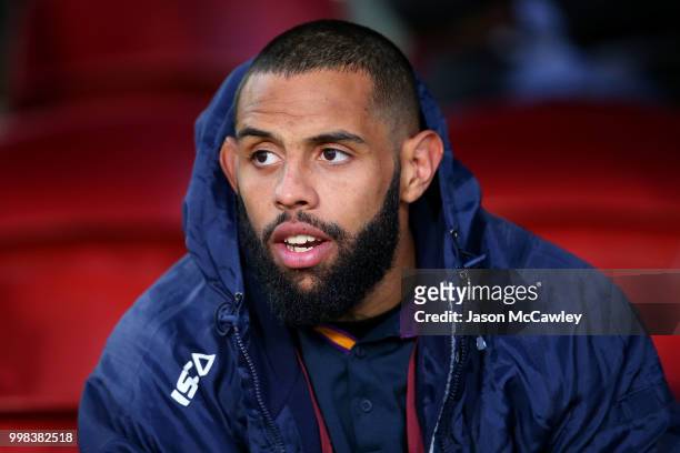 Josh Addo-Carr of the Storm looks on from the bench prior to the round 18 NRL match between the Manly Sea Eagles and the Melbourne Storm at Lottoland...