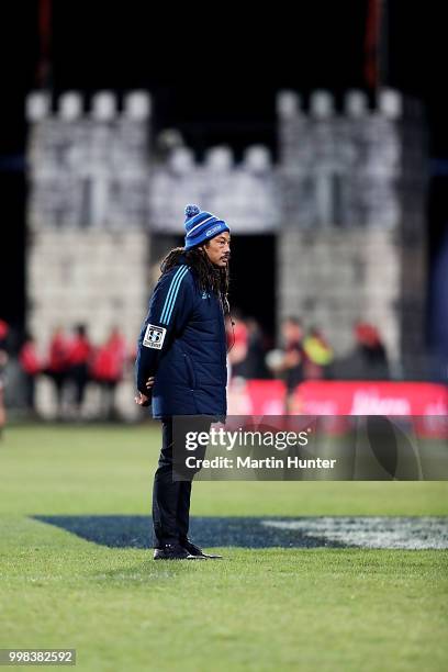 Head coach Tana Umaga of the Blues during the round 19 Super Rugby match between the Crusaders and the Blues at AMI Stadium on July 14, 2018 in...