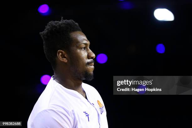 Peak of the Saints looks on during the NZNBL match between Wellington Saints and Taranaki Mountainairs at TSB Arena on July 14, 2018 in Wellington,...