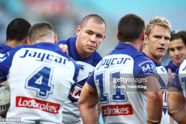 David Klemmer of the Bulldogs and team mates look dejected after a Rabbitohs try during the round 18 NRL match between the Canterbury Bulldogs and...