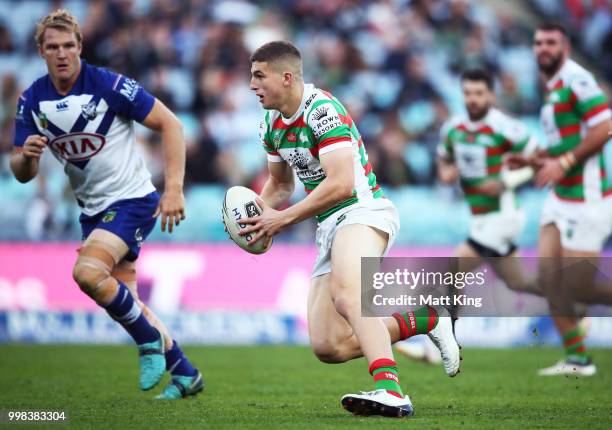 Adam Doueihi of the Rabbitohs runs with the ball during the round 18 NRL match between the Canterbury Bulldogs and the South Sydney Rabbitohs at ANZ...