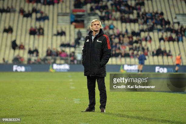 Head Coach Scott Robertson of the Crusaders looks on prior to the round 19 Super Rugby match between the Crusaders and the Blues at AMI Stadium on...