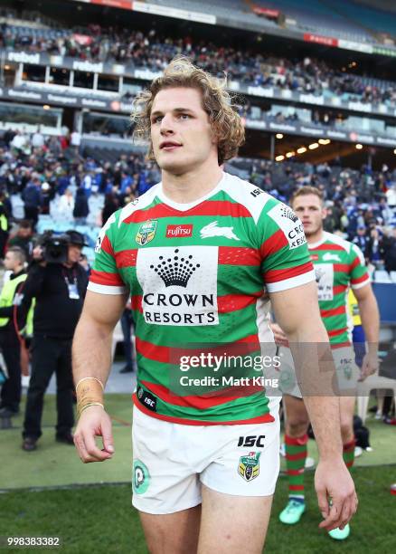 George Burgess of the Rabbitohs celebrates victory at the end of the round 18 NRL match between the Canterbury Bulldogs and the South Sydney...