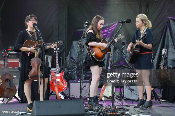 Sara Watkins, Sarah Jarosz, and Aoife O'Donovan perform during the 2018 Forecastle Music Festival at Louisville Waterfront Park on July 13, 2018 in...