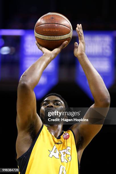 Roger Woods of the Mountainairs takes a free throw during the NZNBL match between Wellington Saints and Taranaki Mountainairs at TSB Arena on July...