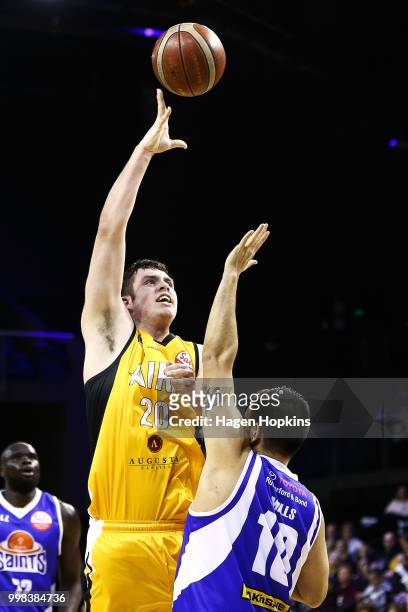 Thane O'Leary of the Mountainairs shoots during the NZNBL match between Wellington Saints and Taranaki Mountainairs at TSB Arena on July 14, 2018 in...