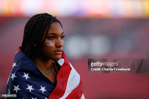 Tara Davis of The USA looks on following the final of the women's long jump on day four of The IAAF World U20 Championships on July 13, 2018 in...