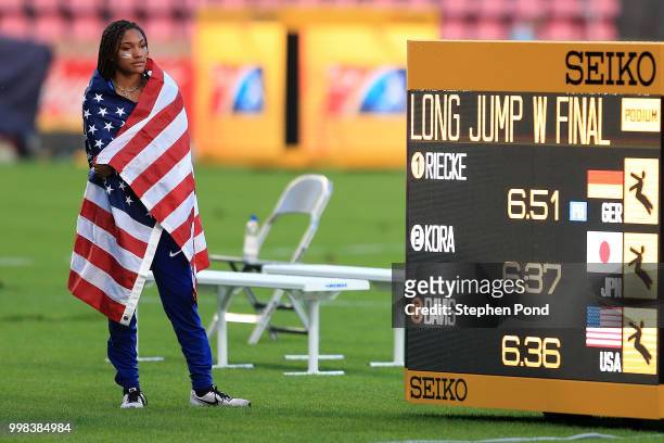 Tara Davis of The USA looks on following the final of the women's long jump on day four of The IAAF World U20 Championships on July 13, 2018 in...
