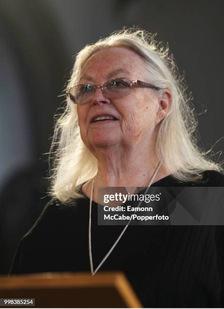 Welsh poet and playwright Gillian Clarke speaking at an event, Aldeburgh, Suffolk, 19th June 2017.