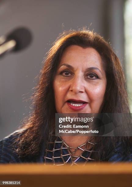 Poet and film maker Imtiaz Dharker speaking at an event, Aldeburgh, Suffolk, 19th June 2017.