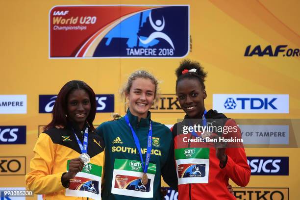 Shiann Salmon of Jamaica, Zeney van der Walt of South Africa and Yasmin Giger of Switzerland receive their medals during the medal ceremony for the...