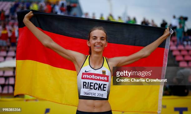 Lea-Jasmin Riecke of Germany celebrates after winning gold in the final of the women's long jump on day four of The IAAF World U20 Championships on...