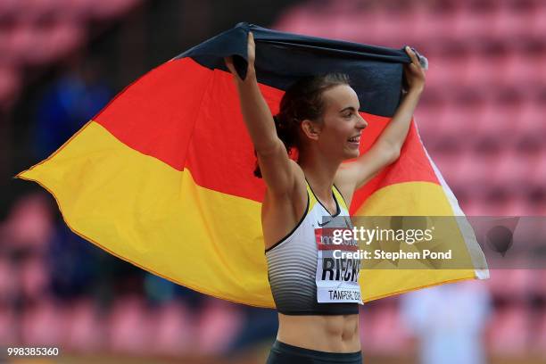 Lea-Jasmin Riecke of Germany celebrates after winning gold in the final of the women's long jump on day four of The IAAF World U20 Championships on...