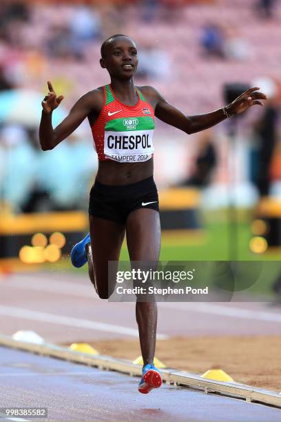 Celiphine Chepteek Chepsol of Kenya crosses the line to win gold in the final of the women's 3000m steeplechase on day four of The IAAF World U20...