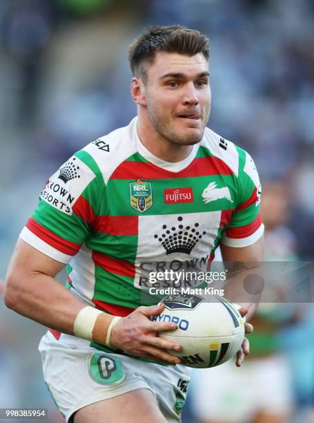 Angus Crichton of the Rabbitohs runs with the ball during the round 18 NRL match between the Canterbury Bulldogs and the South Sydney Rabbitohs at...