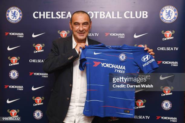 Chelsea Unveil New Head Coach Maurizio Sarri at Stamford Bridge on July 14, 2018 in London, England.