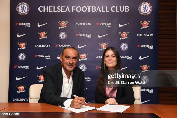 Chelsea Unveil New Head Coach Maurizio Sarri with Chelsea Director Marina Granovskaia at Stamford Bridge on July 14, 2018 in London, England.