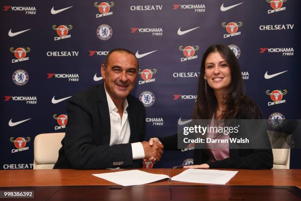 Chelsea Unveil New Head Coach Maurizio Sarri with Chelsea Director Marina Granovskaia at Stamford Bridge on July 14, 2018 in London, England.