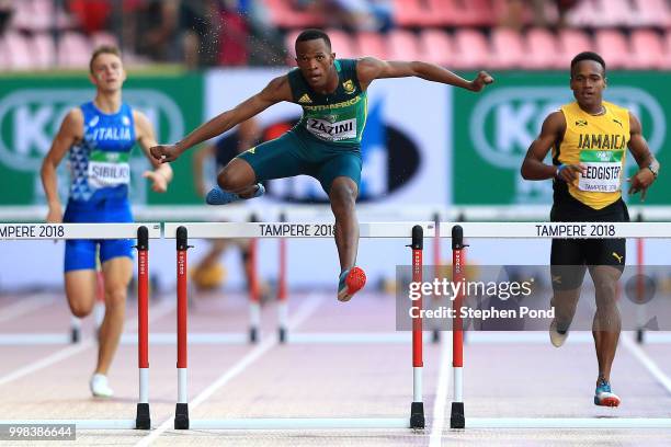 Sokwakhana Zazini of South Africa in action during heat 3 of the men's 400m hurdles semi finals on day four of The IAAF World U20 Championships on...