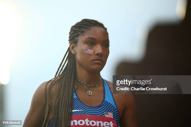 Tara Davis of The USA looks on during the final of the women's long jump on day four of The IAAF World U20 Championships on July 13, 2018 in Tampere,...