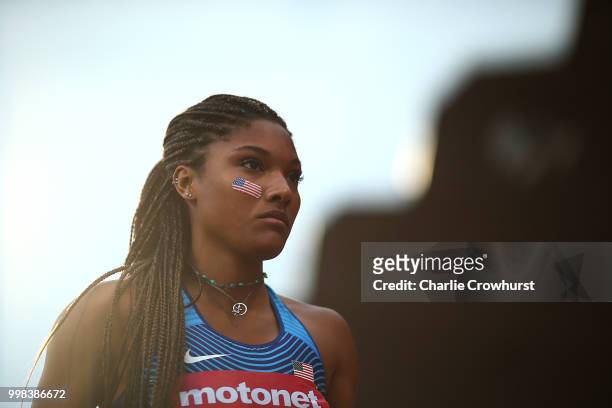 Tara Davis of The USA looks on during the final of the women's long jump on day four of The IAAF World U20 Championships on July 13, 2018 in Tampere,...
