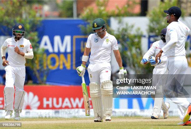 South Africa's Dean Elgar reacts after being dismissed during the third day of the opening Test match between Sri Lanka and South Africa at the Galle...