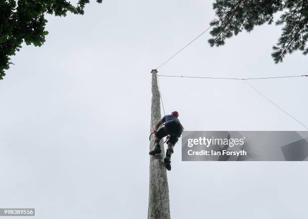 Competitor takes part in the pole climbing championship during the final day of the 160th Great Yorkshire Show on July 12, 2018 in Harrogate,...