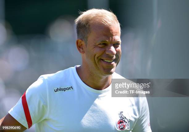 Head coach Markus Anfang of Koeln laughs prior to the friendly match between Wuppertaler SV and 1. FC Koeln on July 8, 2018 in Wuppertal, Germany.