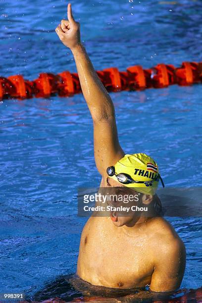 Torwai Sethsothorn of Thailand celebrates after he won the Men's 400m Freestyles Final held at the National Aquatics Centre, Bukit Jalil, Kuala...