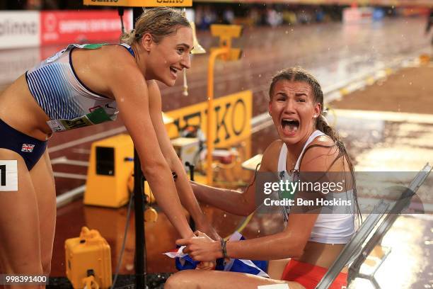 Adrianna Sulek of Poland reacts after finding out she won bronze in the women's heptathlon on day five of The IAAF World U20 Championships on July...