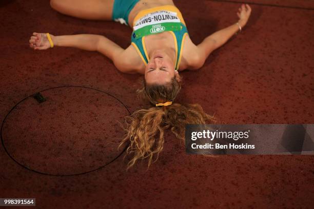 Camryn Newton-Smith of Australia reacts following the women's heptathlon 800m on day five of The IAAF World U20 Championships on July 13, 2018 in...