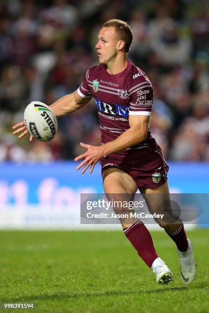 Daly Cherry-Evans of the Sea Eagles passes the ball during the round 18 NRL match between the Manly Sea Eagles and the Melbourne Storm at Lottoland...