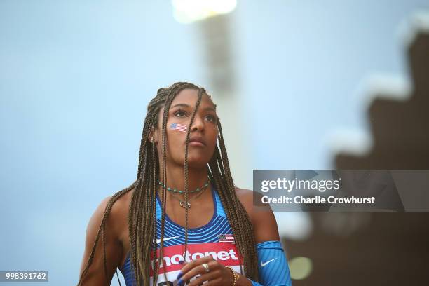 Tara Davis of The USA looks on during the final of the women's long jump on day four of The IAAF World U20 Championships on July 13, 2018 in Tampere,...